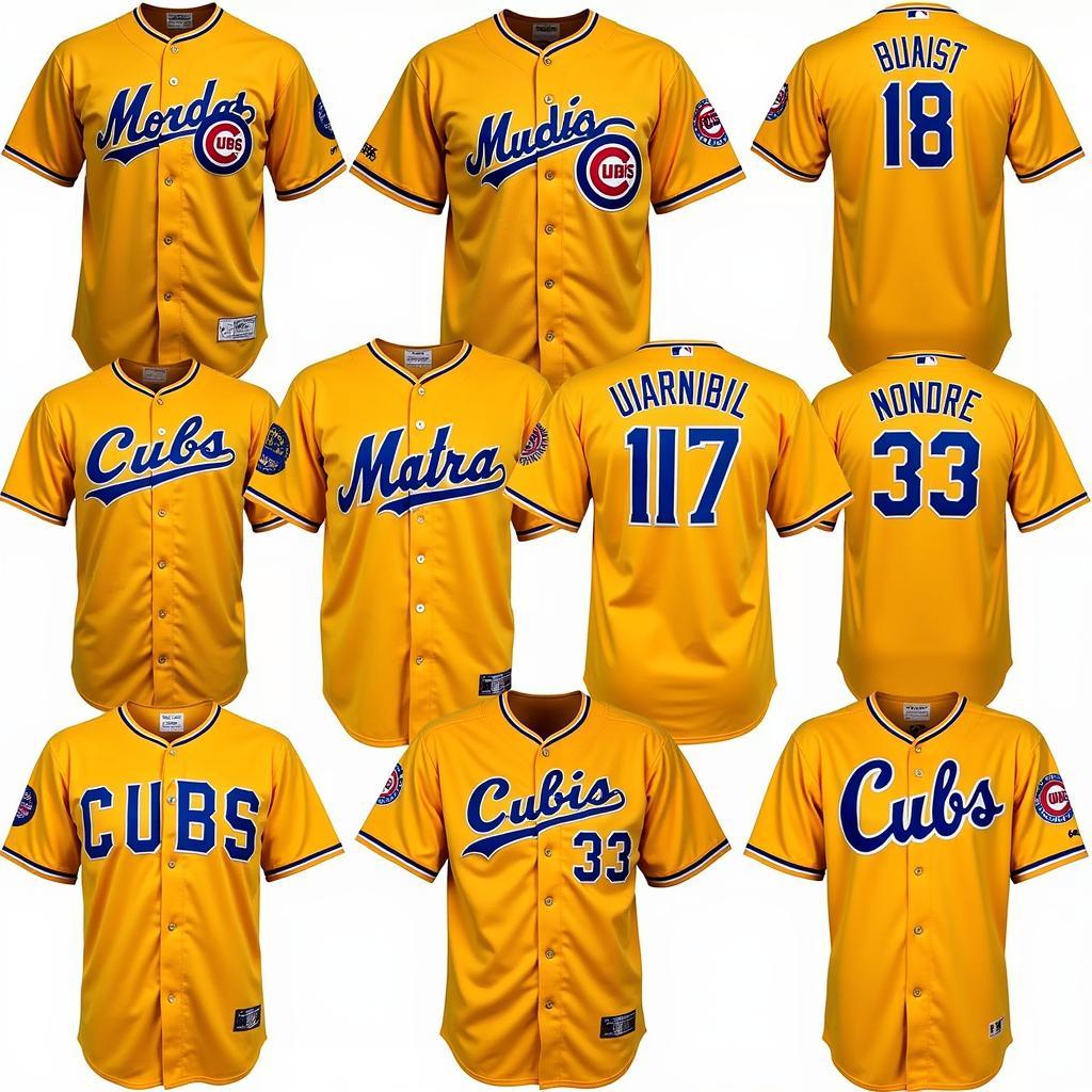 Various styles of Chicago Cubs gold jerseys, showcasing different eras and designs.