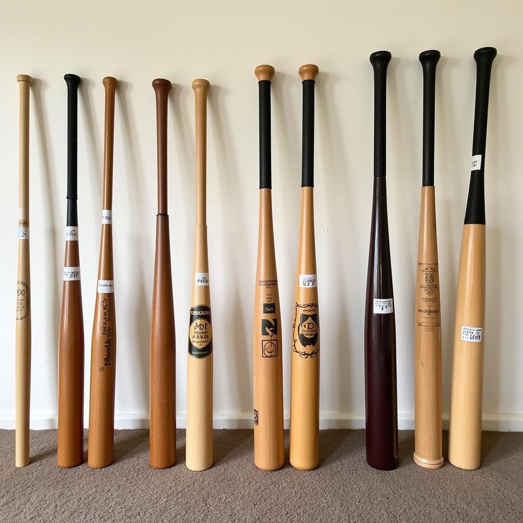 Various types of cross baseball bats displayed in a store