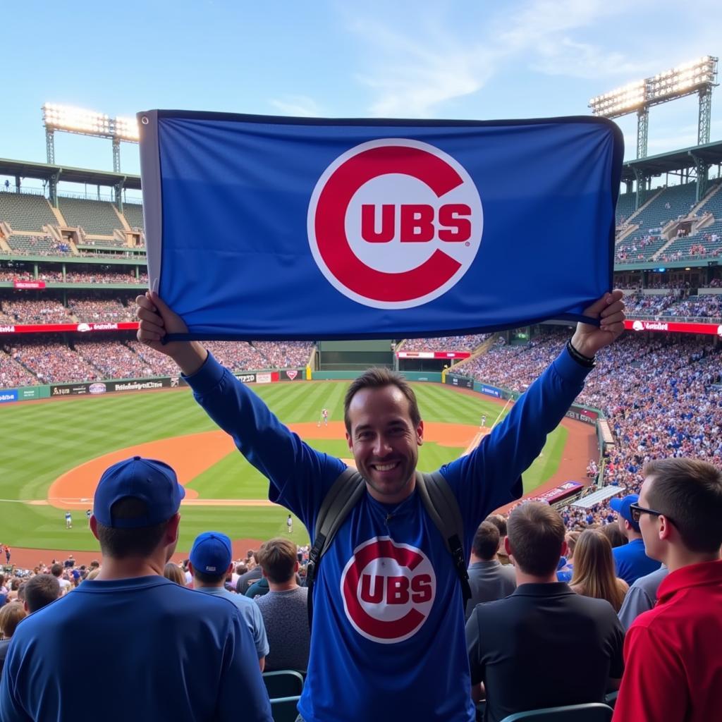 A fan holding a Chicago Cubs banner at Wrigley Field.