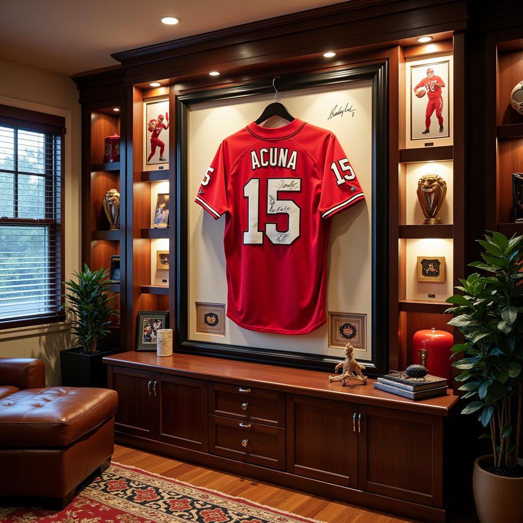 A framed Ronald Acuña Jr. signed jersey displayed in a dedicated sports room.