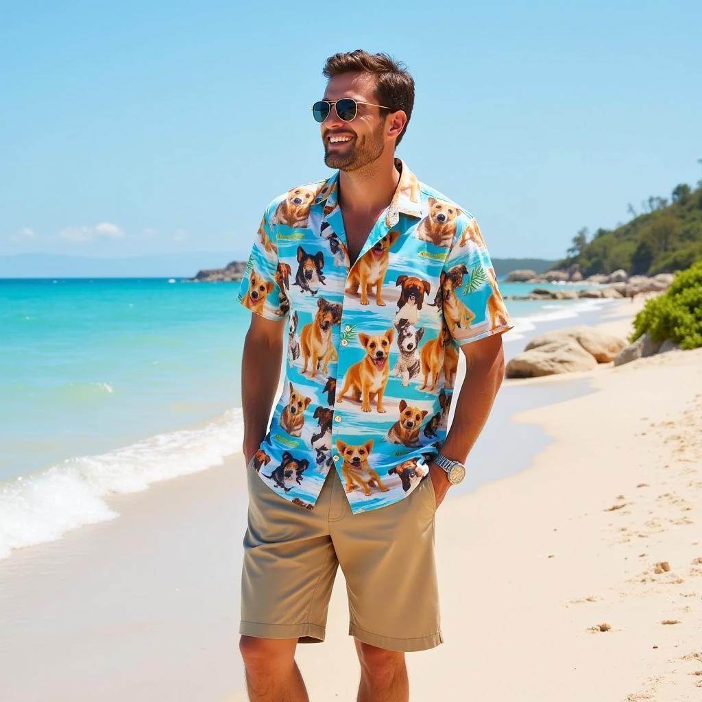 Man wearing a dog-themed Hawaiian shirt with khaki shorts and sandals on a beach