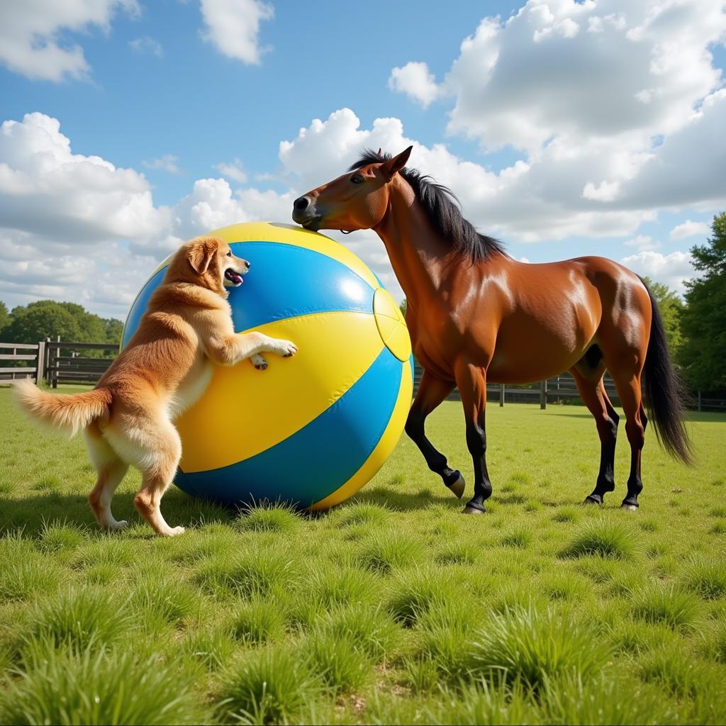 Dog and horse interacting with a ball during playtime