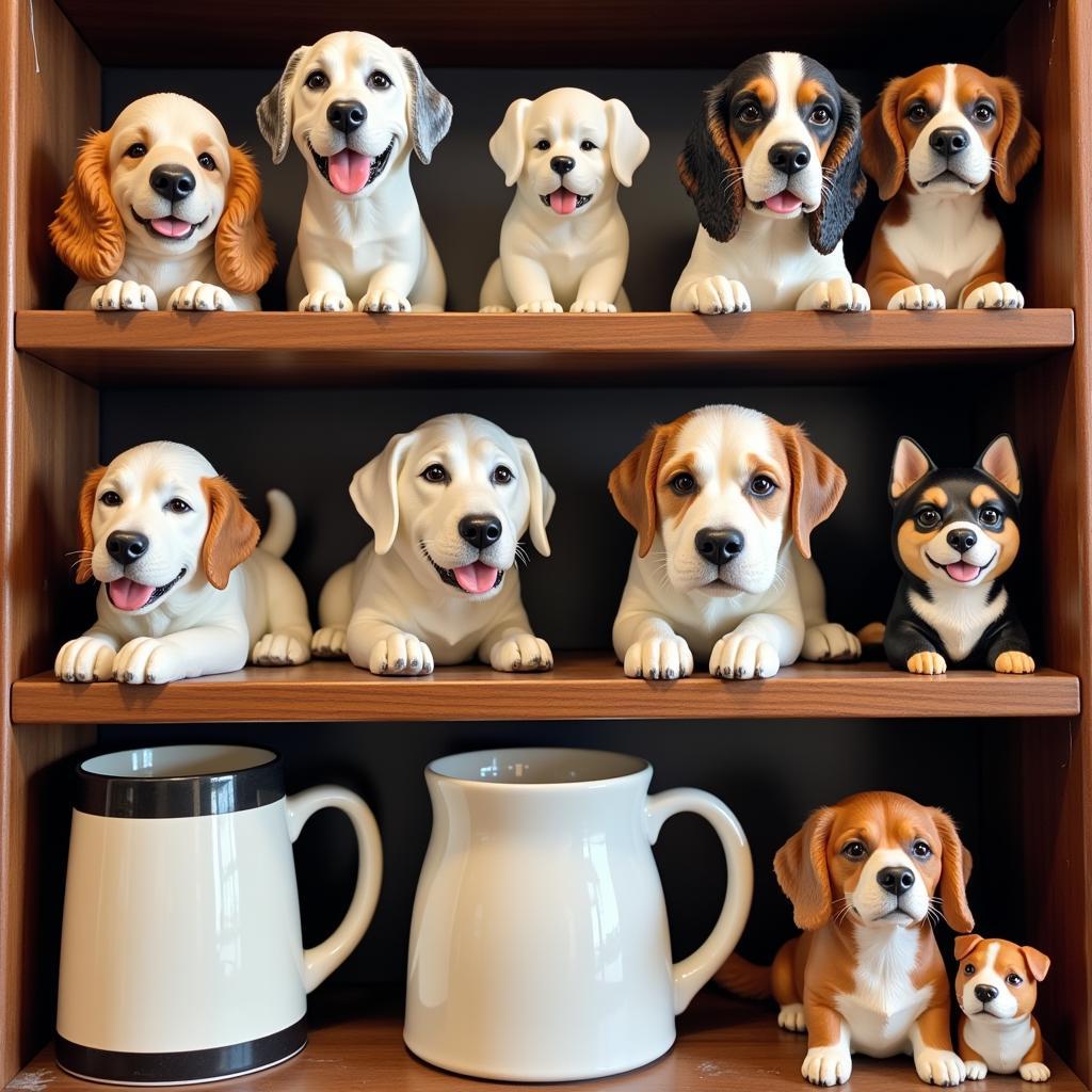 A collection of dog lover cups displayed on a shelf, showcasing different breeds and designs.