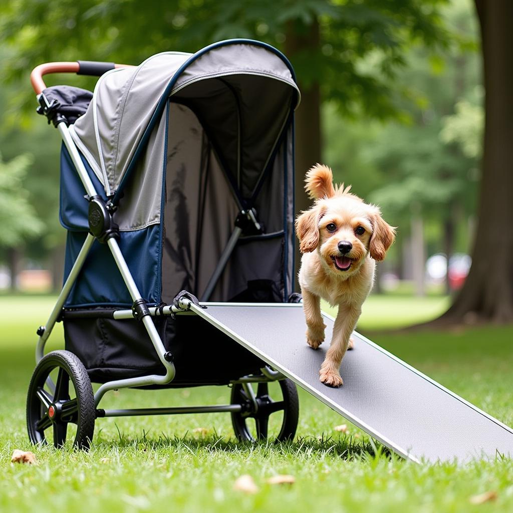 Dog enjoying the easy entry of a ramped dog stroller