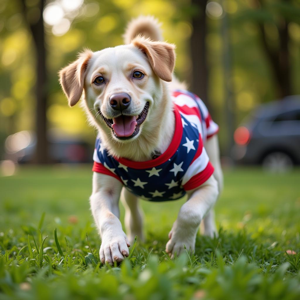 A dog happily wearing a July 4th themed t-shirt.