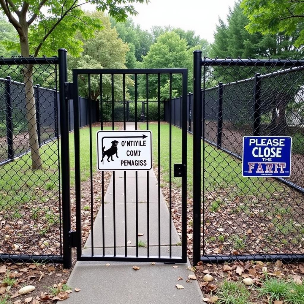 Dog Yard with Metal Gate and Sign