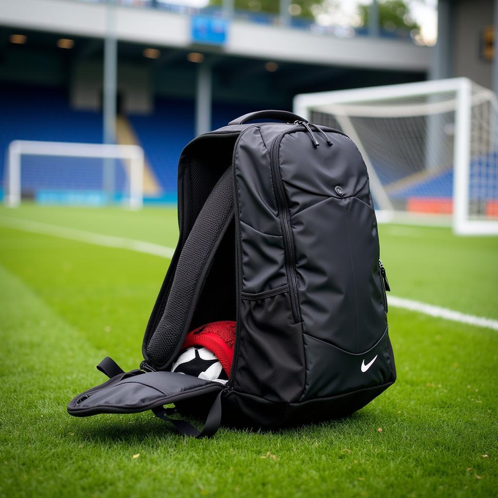 Durable backpack lying on a football field