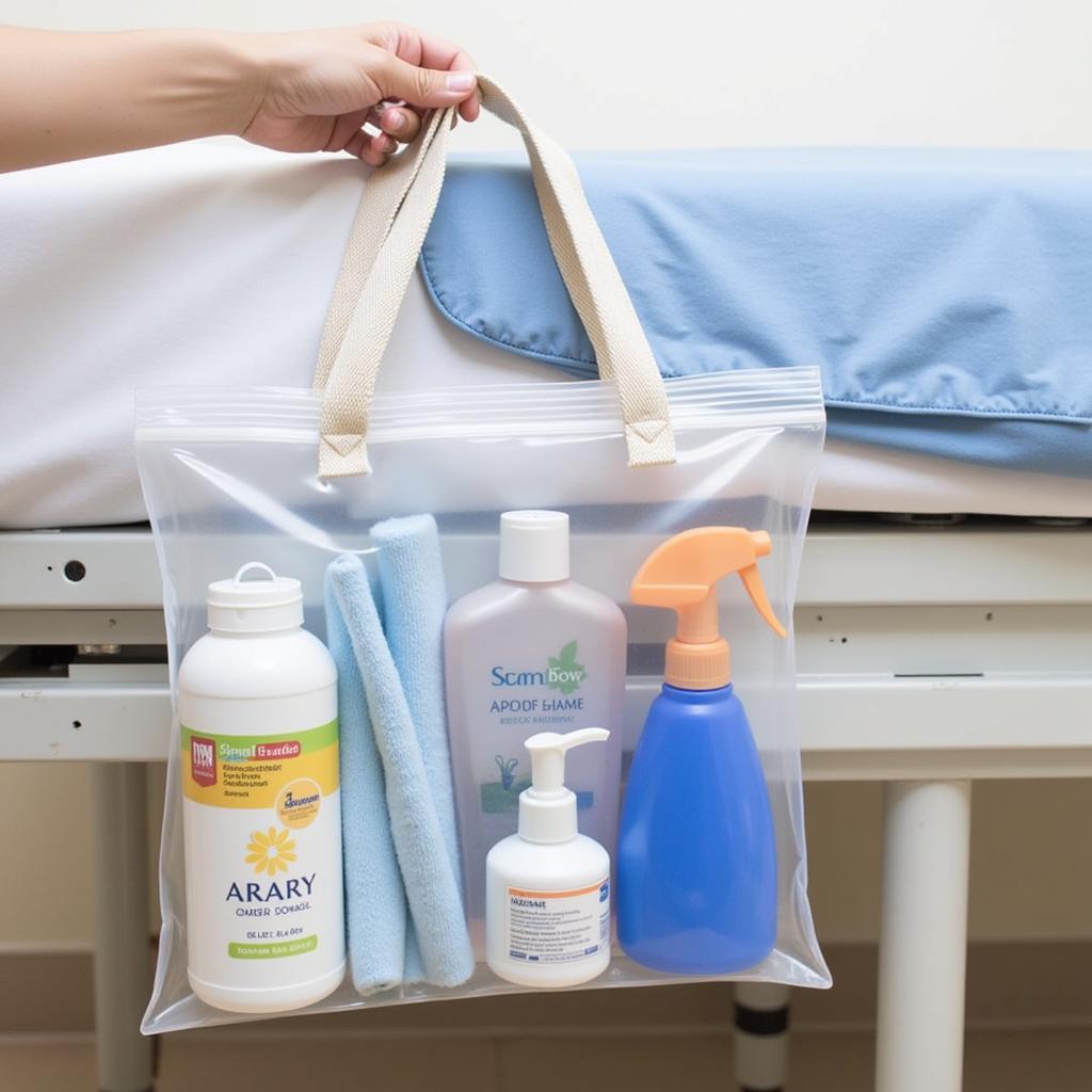 A clear and durable patient belonging bag hanging on a hospital bed.