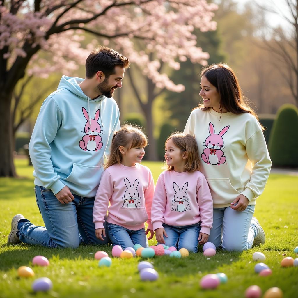 Family gathering wearing matching Easter sweatshirts