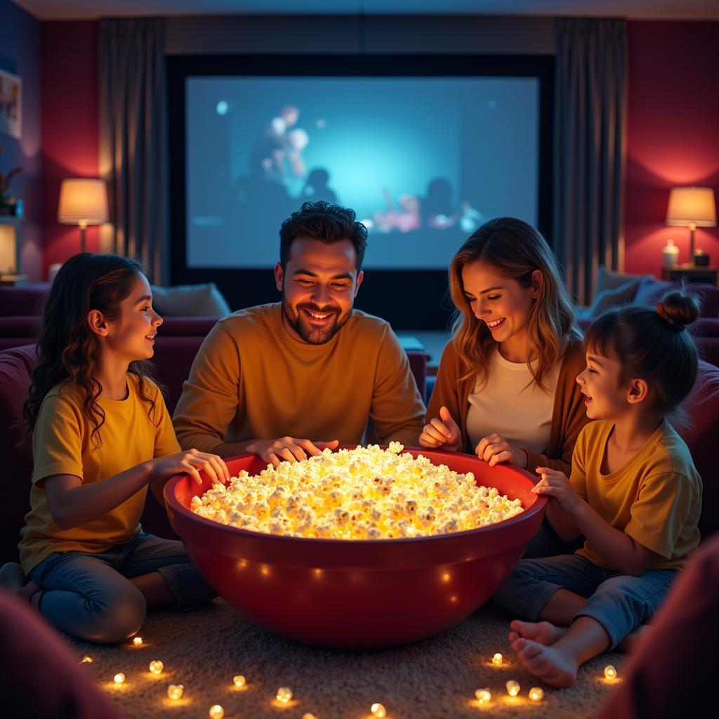 Family Enjoying a Huge Popcorn Bowl