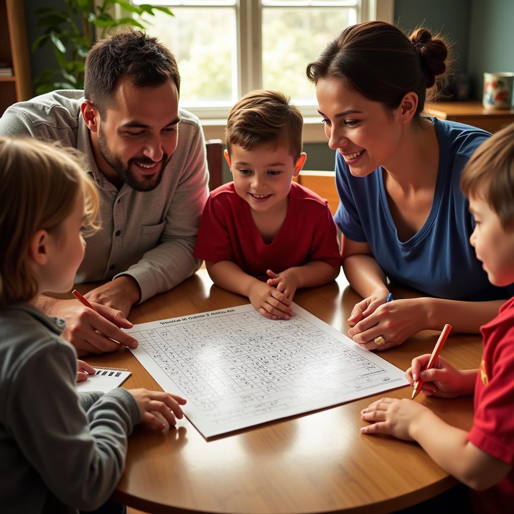 A family enjoys solving baseball word scrambles together.