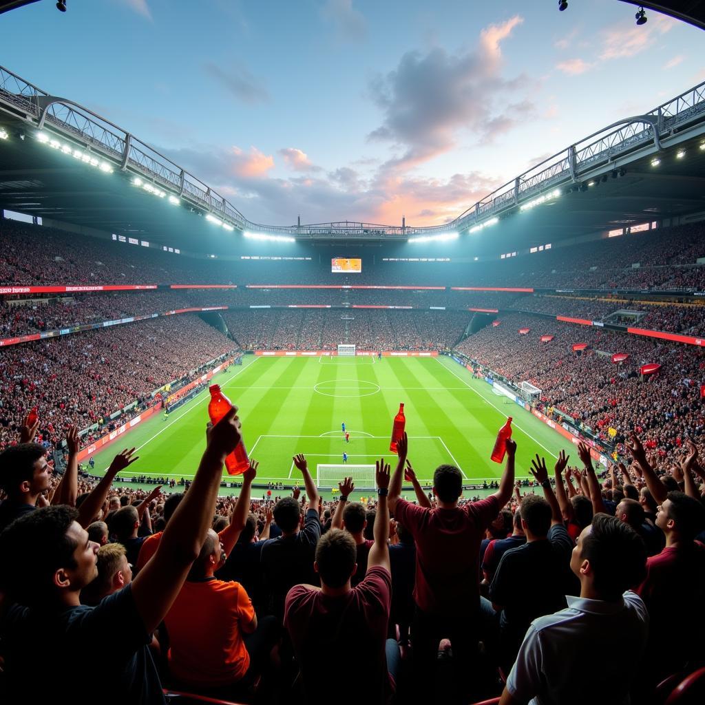 Fans waving fan bottles in a football stadium