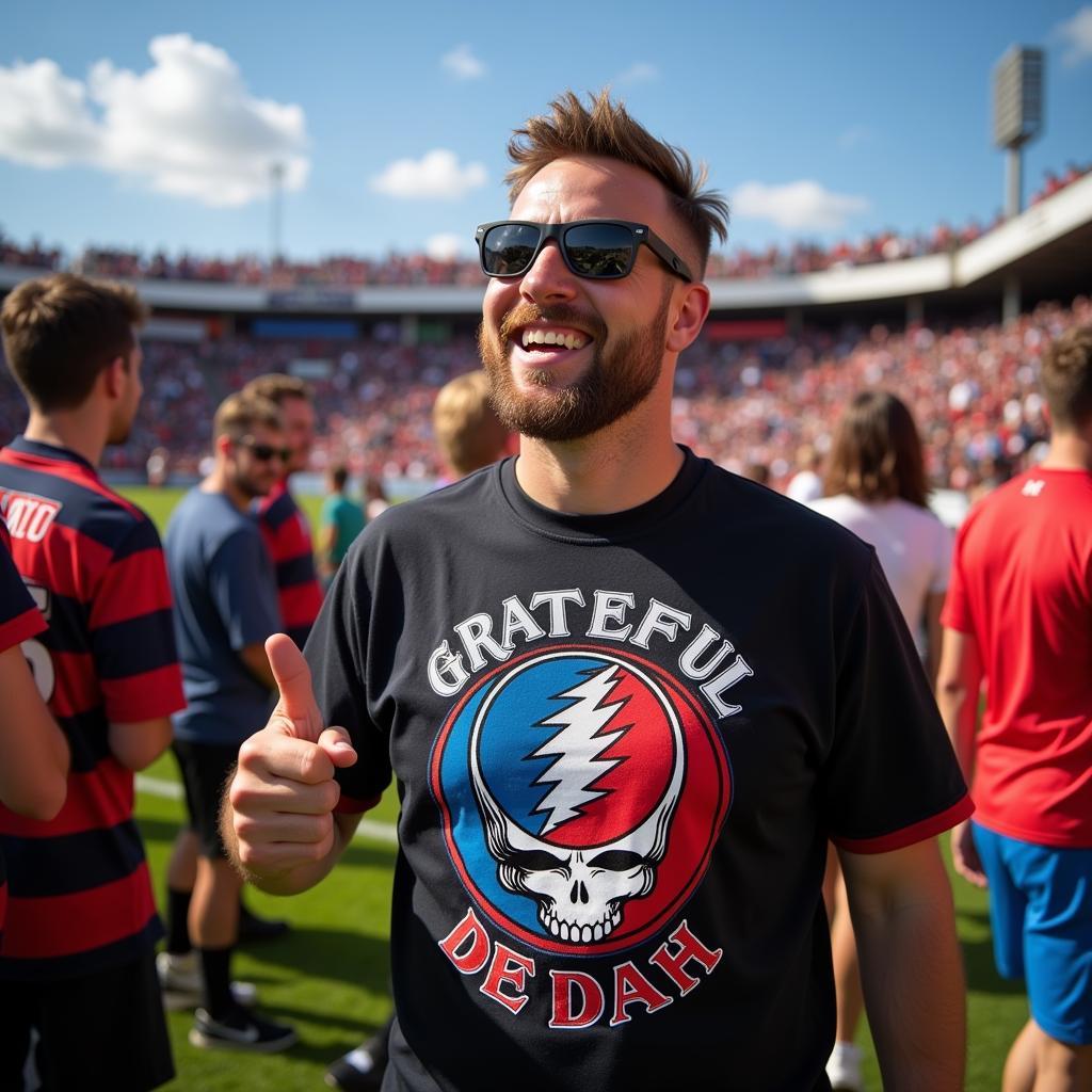 Fan Wearing a Grateful Dead Soccer Shirt at a Game