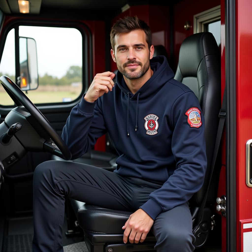 Firefighter in truck with hoodie