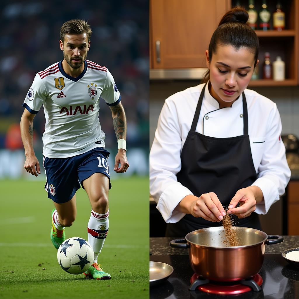 A footballer executing a precise pass, juxtaposed with a chef carefully adding spices to a dish.