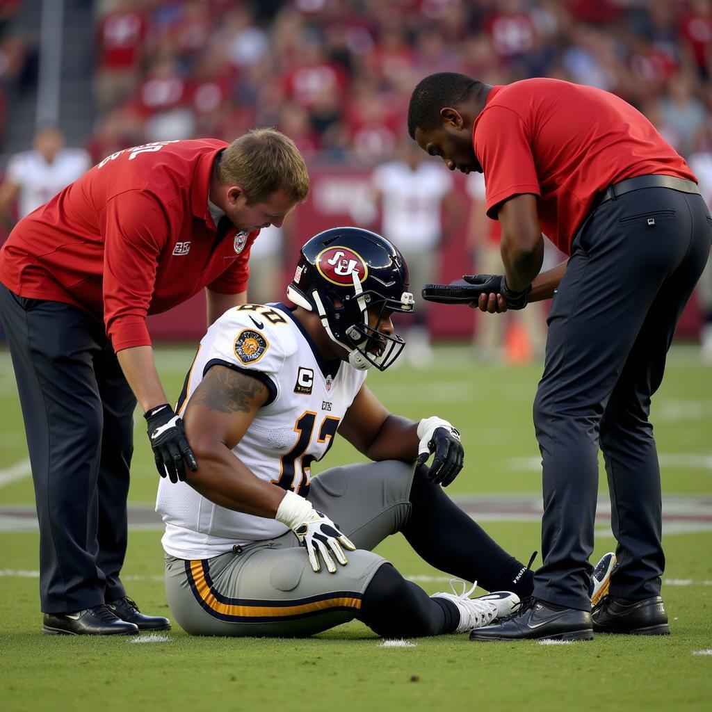 A football player is being examined by medical personnel after experiencing a helmet break during a game