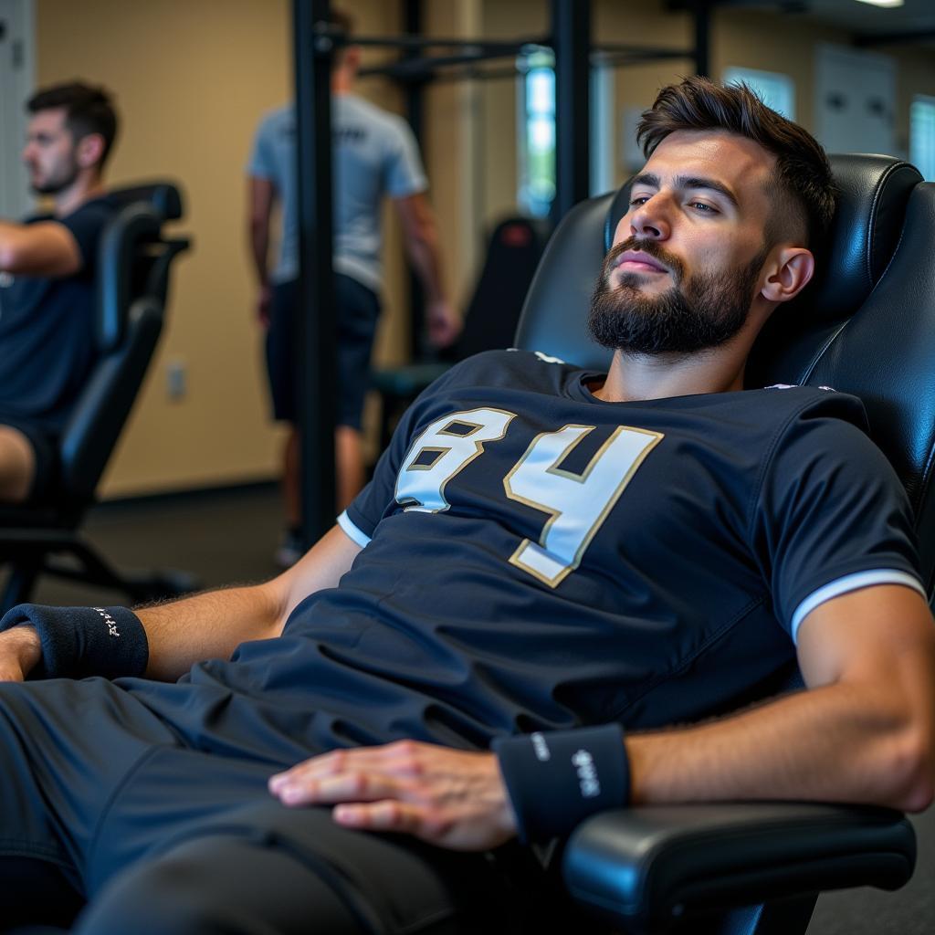 A football player resting and emphasizing the importance of recovery.