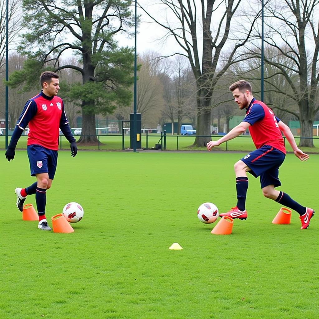 Two footballers utilize football on a stick aids to refine their passing techniques