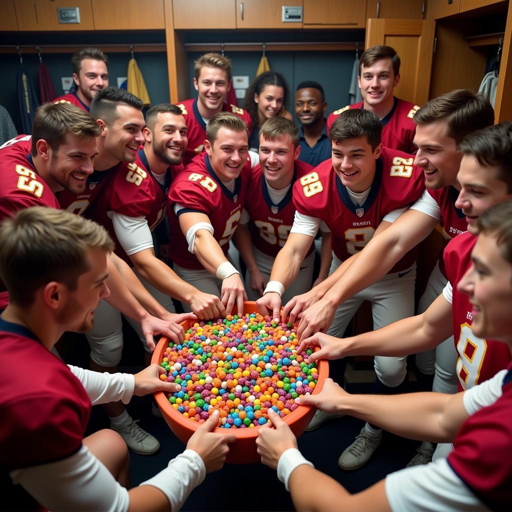 A football team celebrates a victory with candy.