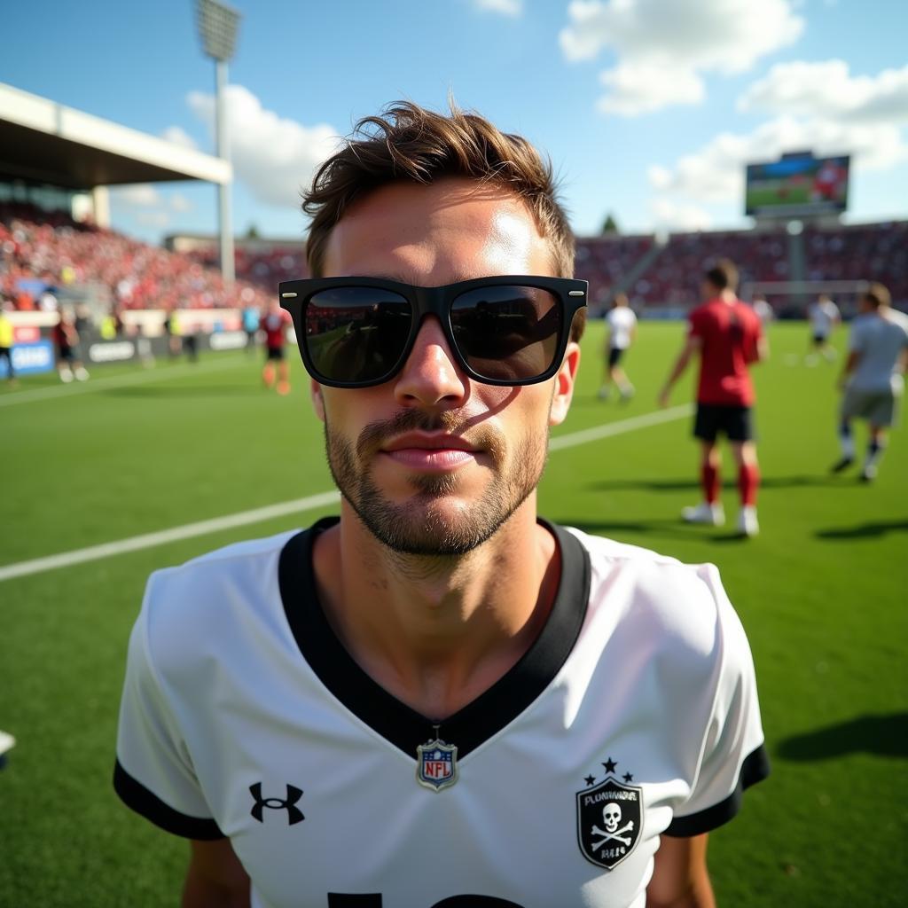 Footballer with pirate sunglasses on the field