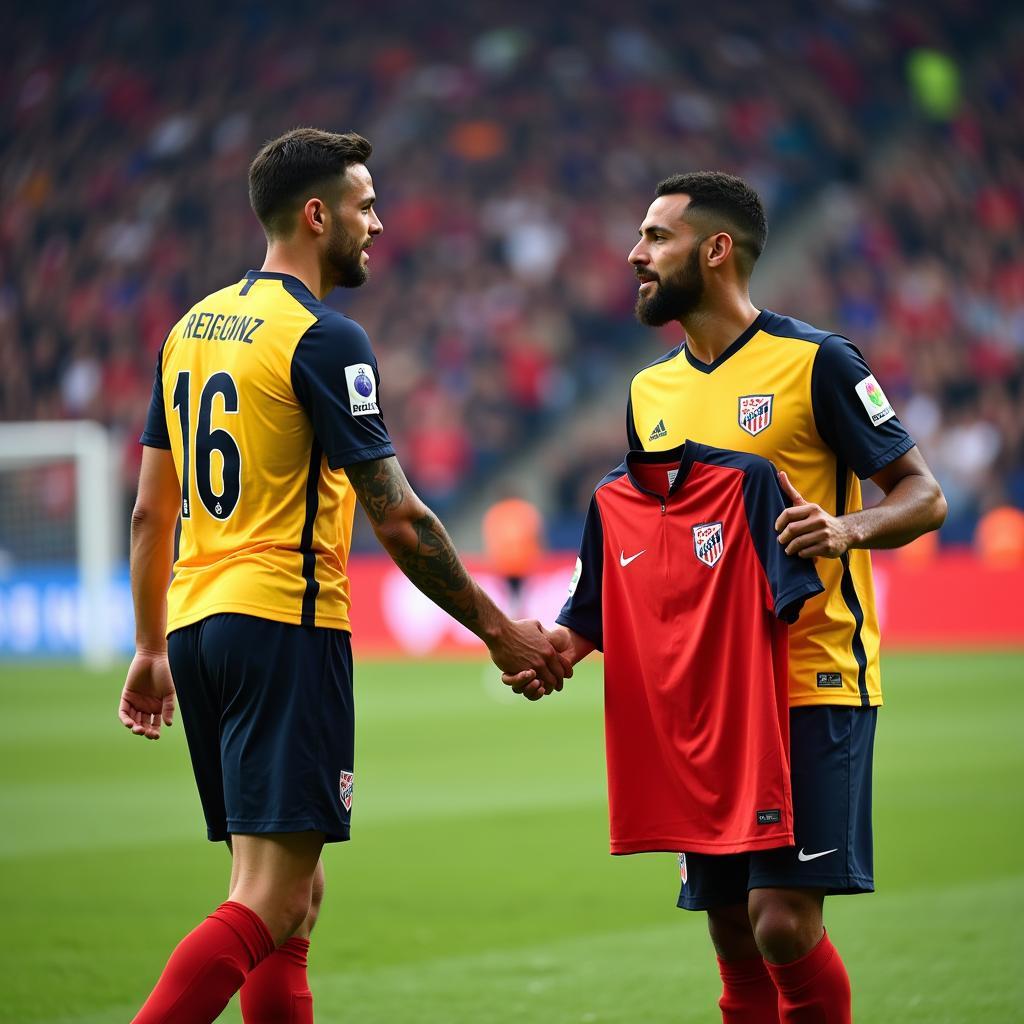 Two football players shaking hands and swapping shirts.