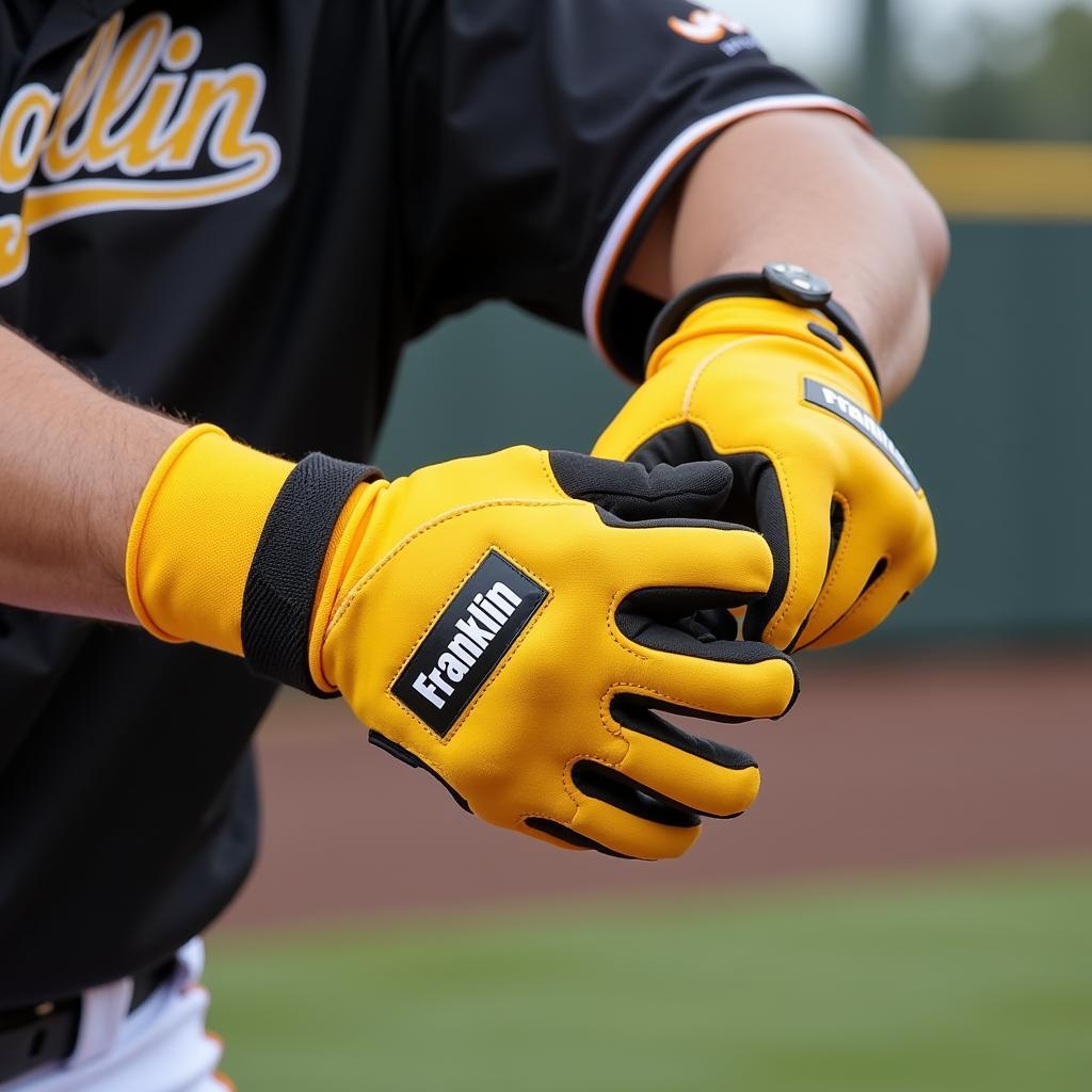 Baseball Player Wearing Franklin Batting Gloves Yellow