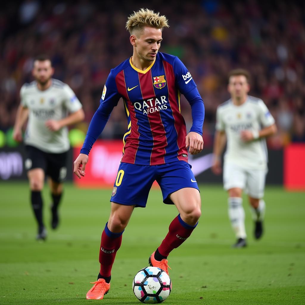 Frenkie de Jong controlling the ball in midfield during a match