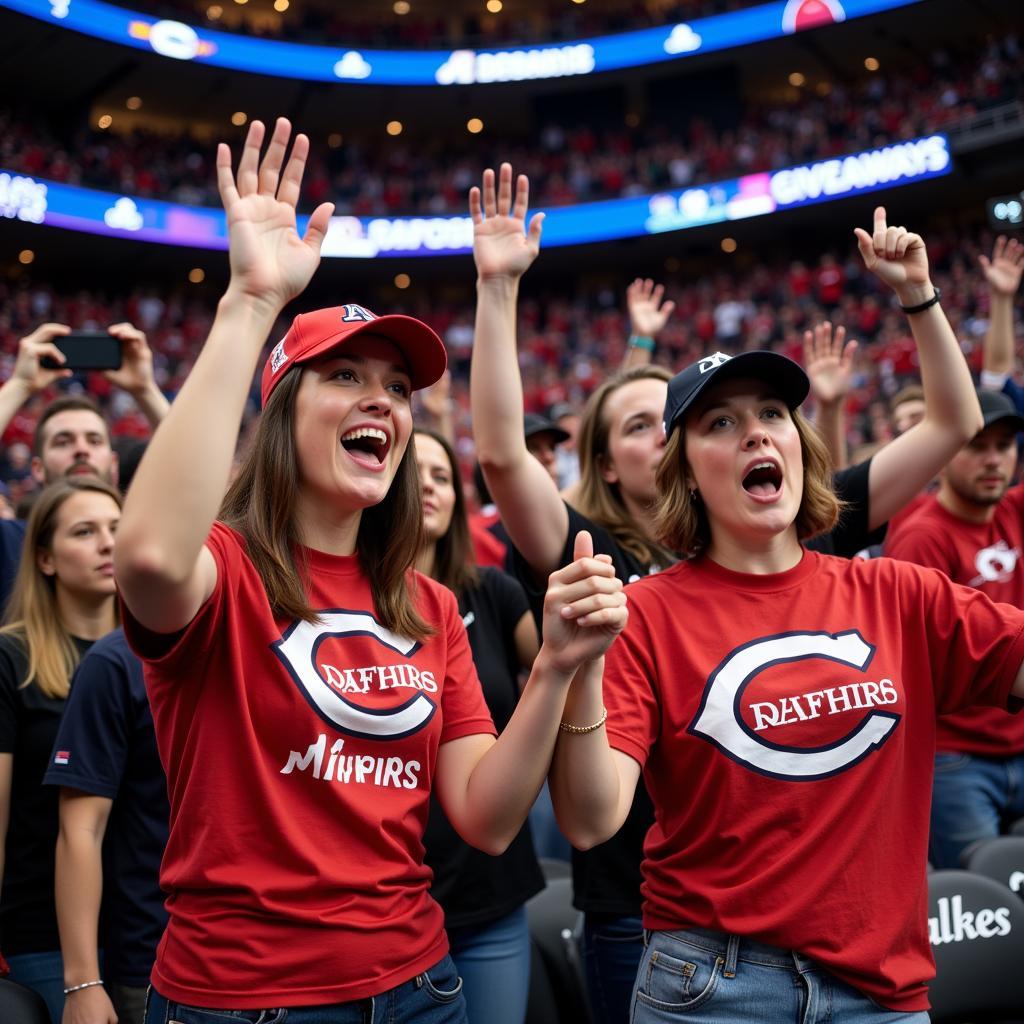 Fans wearing branded apparel at a game