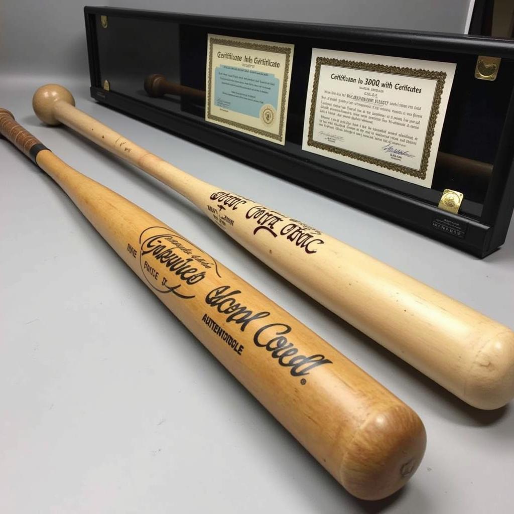 A game used bat displayed in a protective case with a certificate of authenticity.