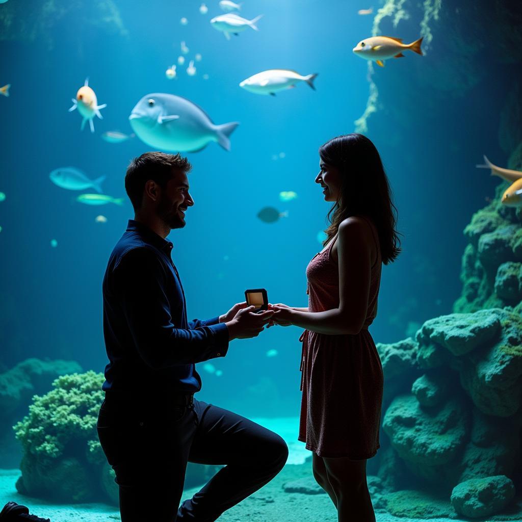 Couple proposing in front of a large aquarium tank