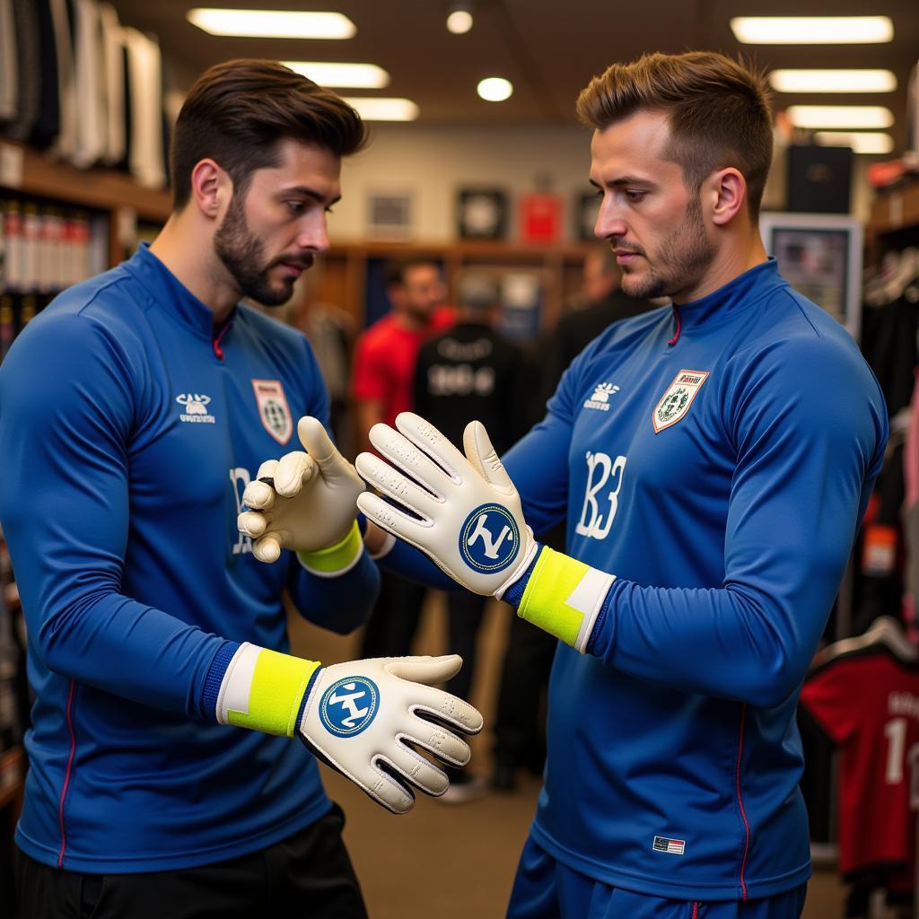 Goalkeeper trying on different sizes of KU gloves to find the perfect fit