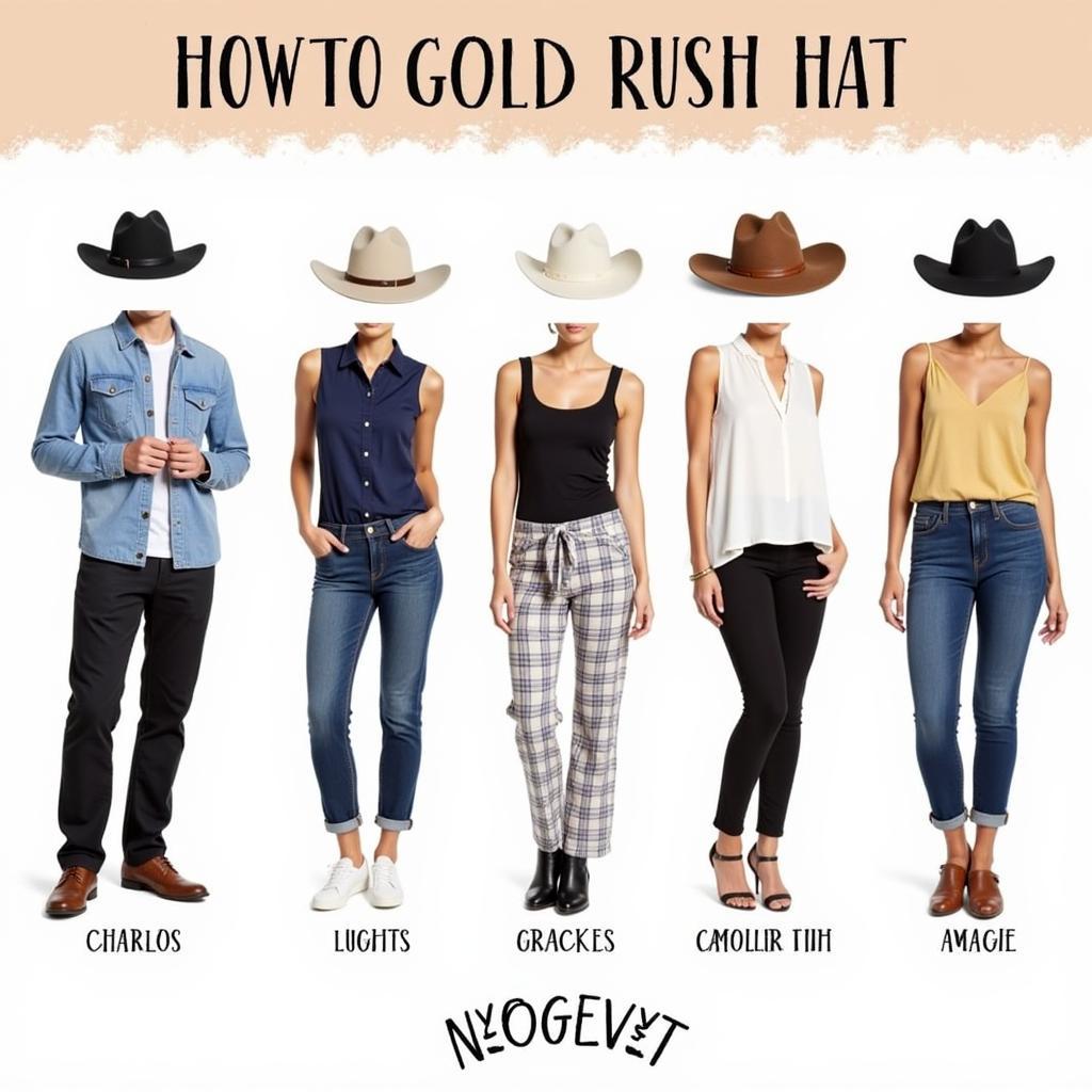 Different outfit ideas incorporating the gold rush hat for both men and women.