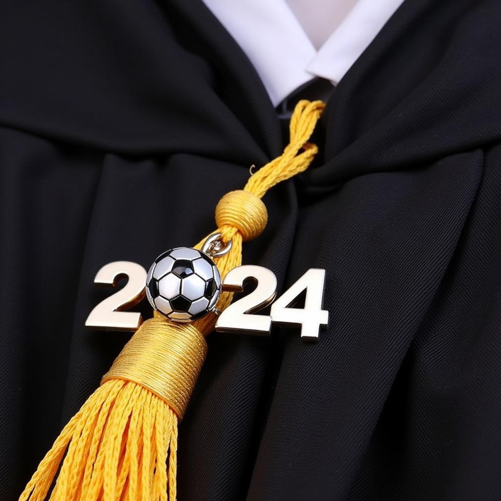 Close-up of a 2024 graduation tassel with personalized charm