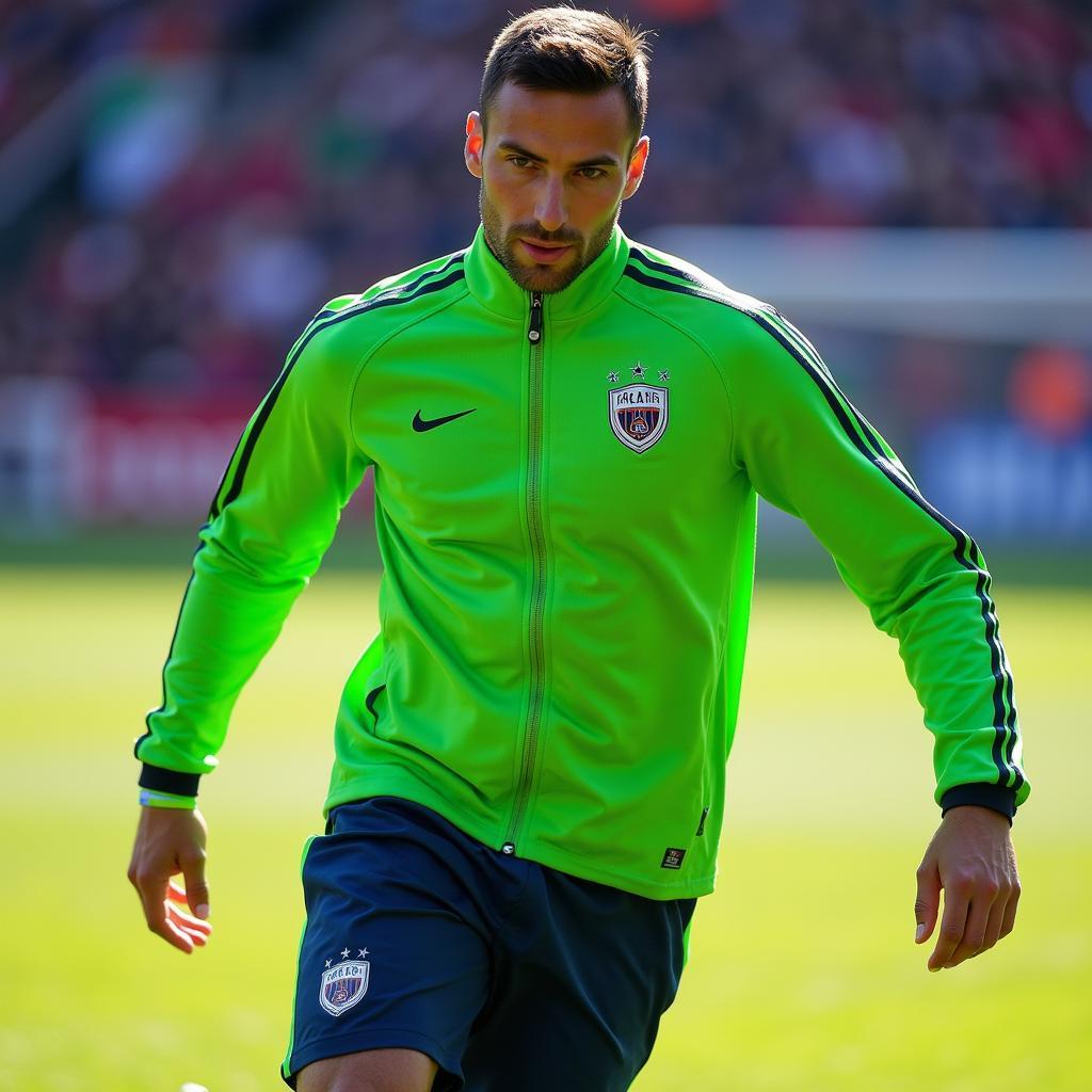 Green cage jacket for football training: A footballer wearing a green cage jacket during a training session, demonstrating its practicality and performance benefits.