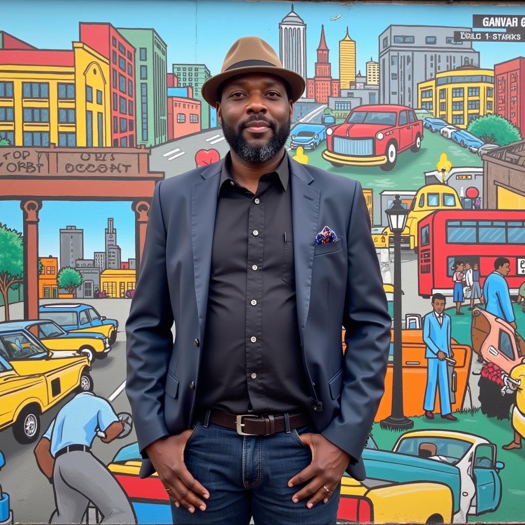 Gregory Porter posing in front of a mural in Kansas City