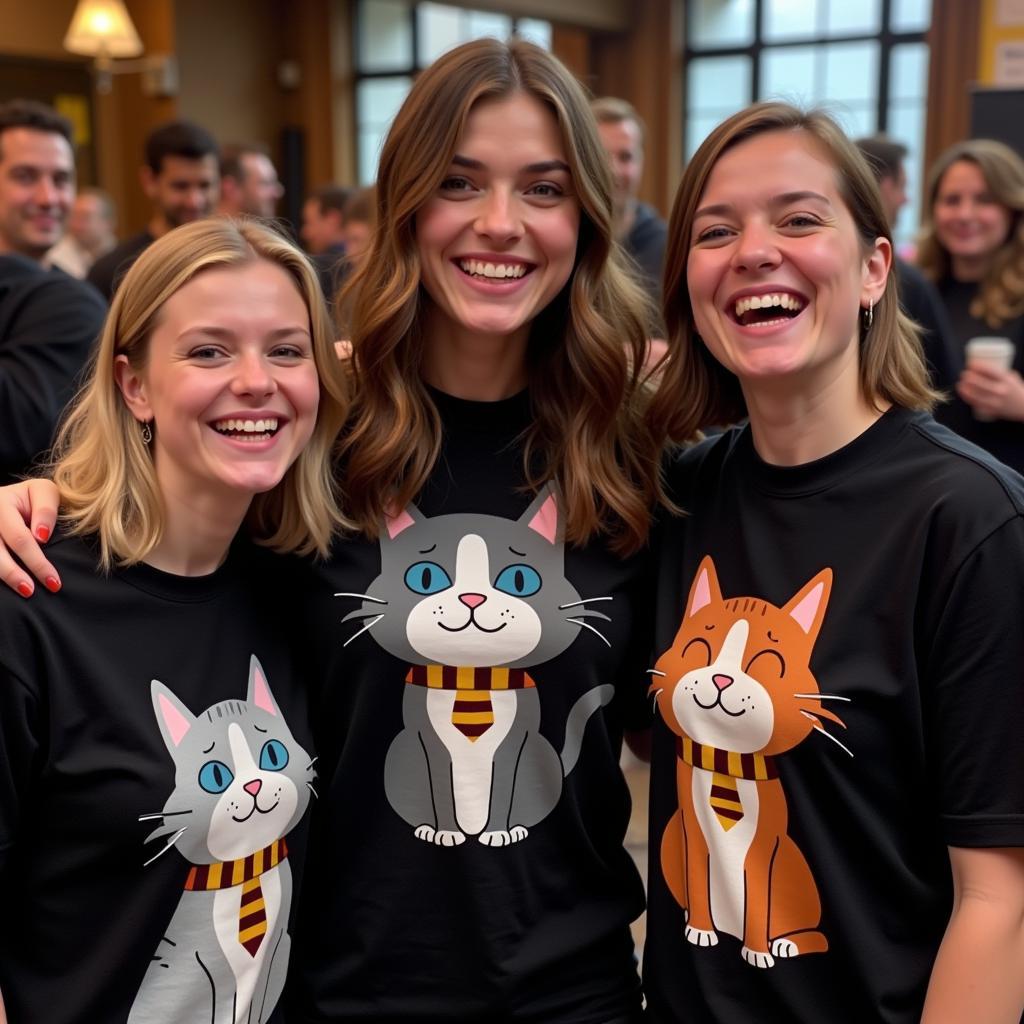 Group of Friends Wearing Cat Harry Potter Shirts