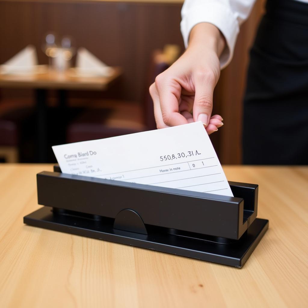 Guest check pad holder in use at a bustling restaurant