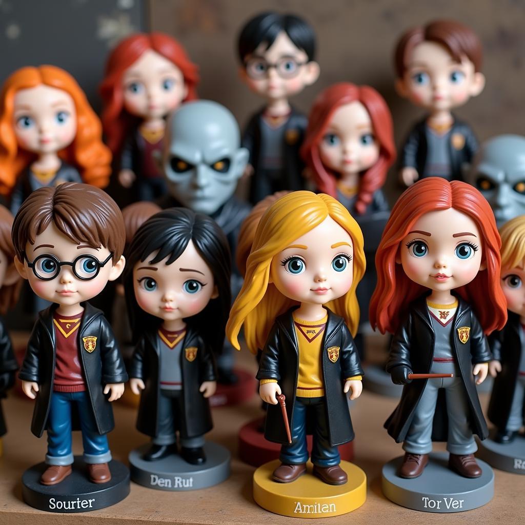 A collection of various Harry Potter bobblehead figures showcasing different characters and poses.