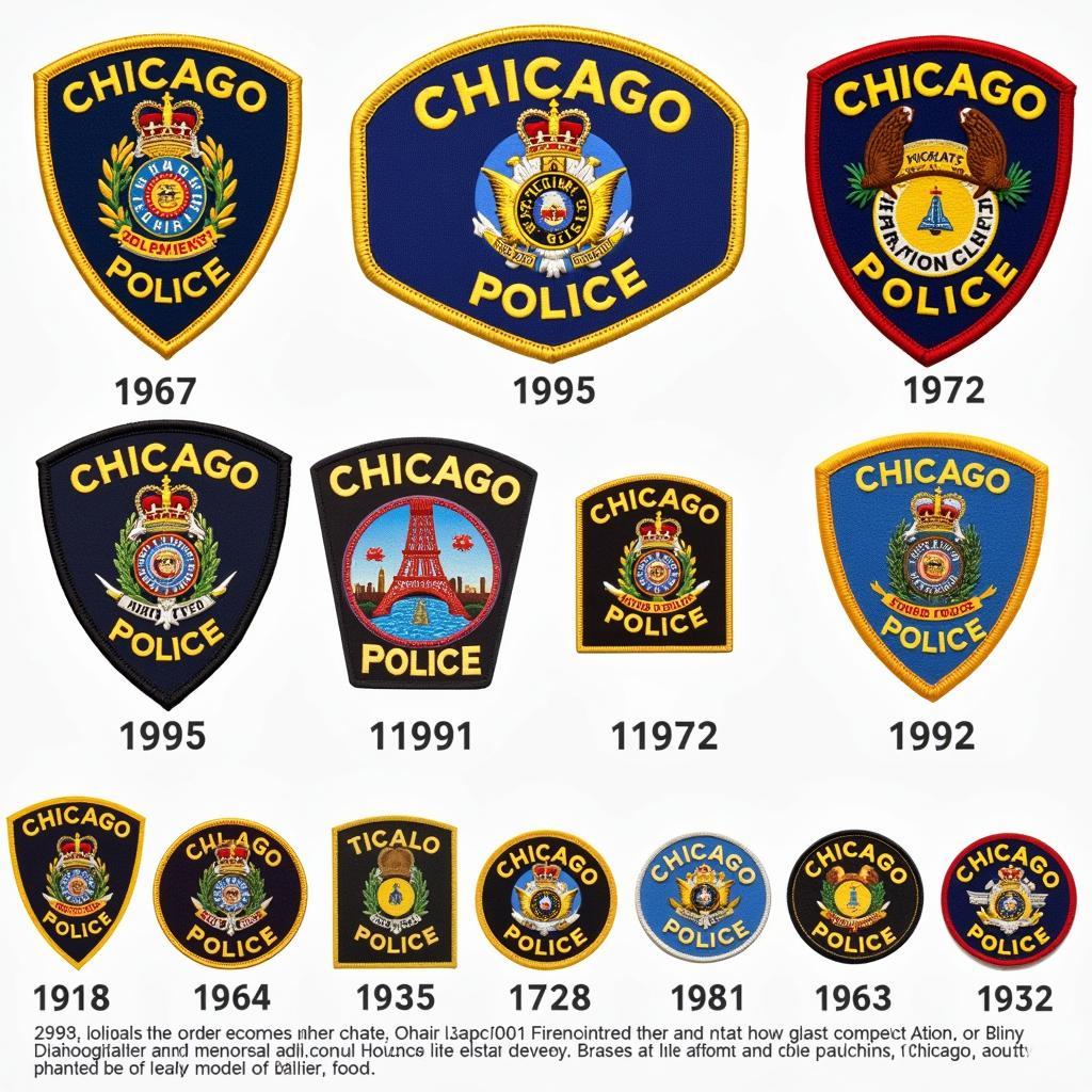 A collection of historical Chicago Police patches, showcasing their evolution over time.