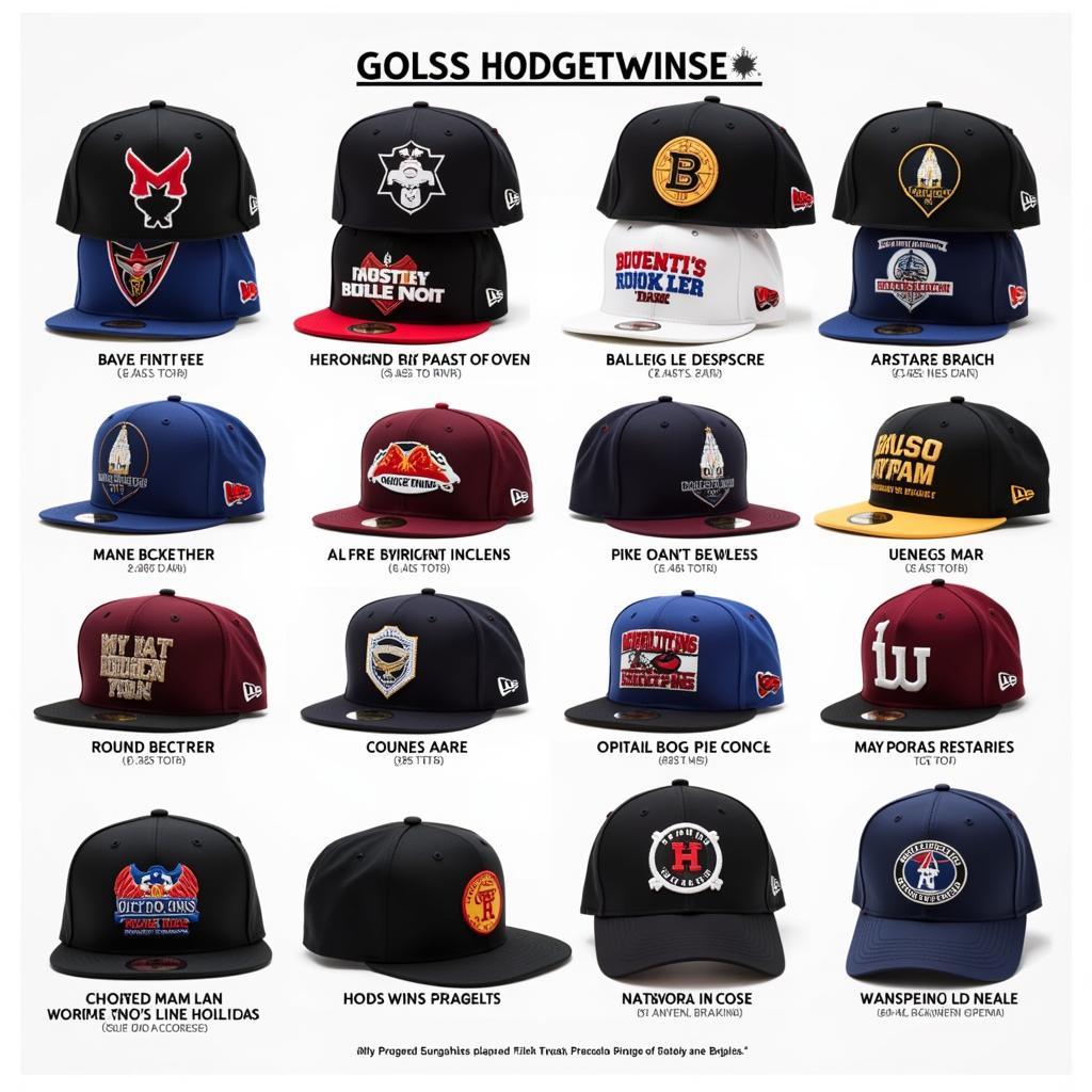 Variety of Hodgetwins Hats: A display of different Hodgetwins hat designs, showcasing various colors, logos, and catchphrases.