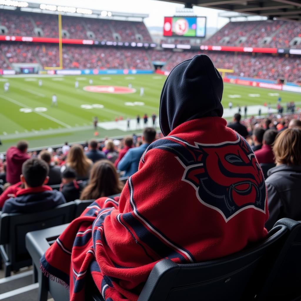 A person wearing a hooded stadium blanket at a football game