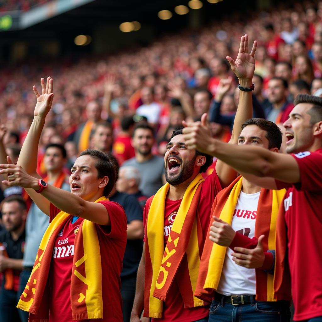 Fans wearing hot dog scarves in a crowded stadium