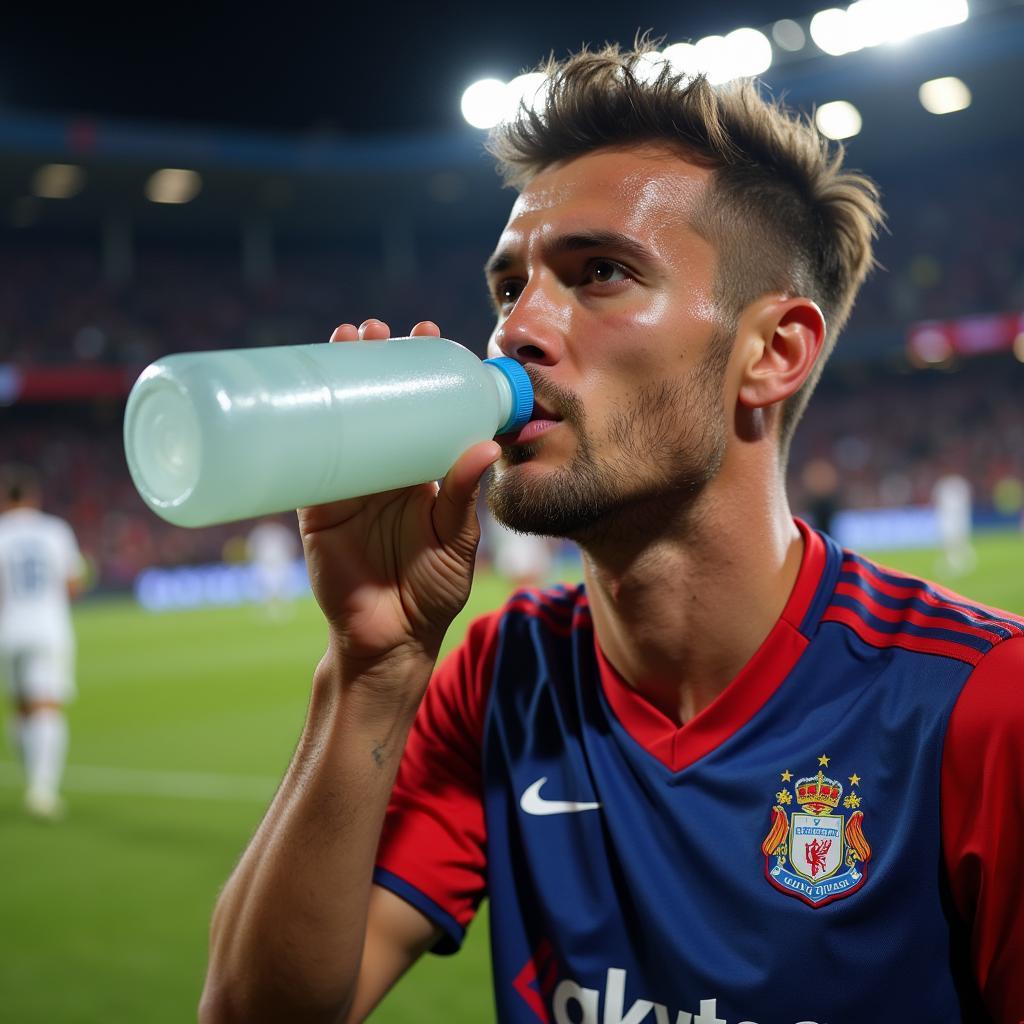 Football player hydrating with a fan bottle during a match