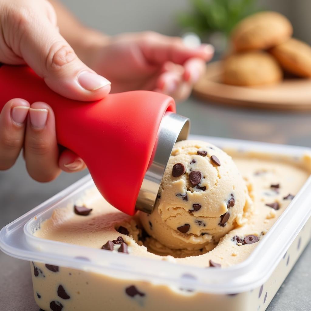 Ice cream sliding mitt being used to scoop hard ice cream