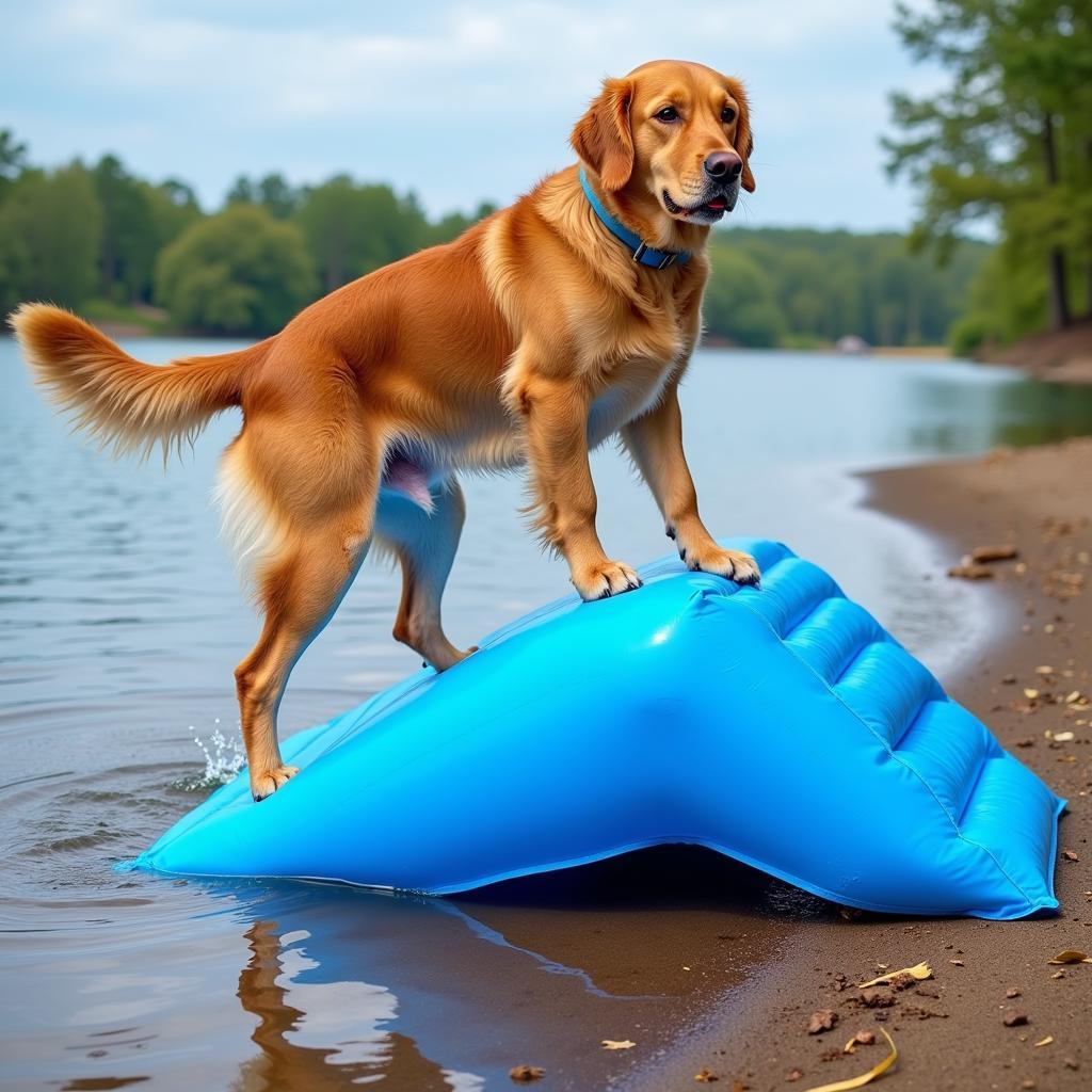 Inflatable dog water ramp provides easy access for dogs entering and exiting a lake.