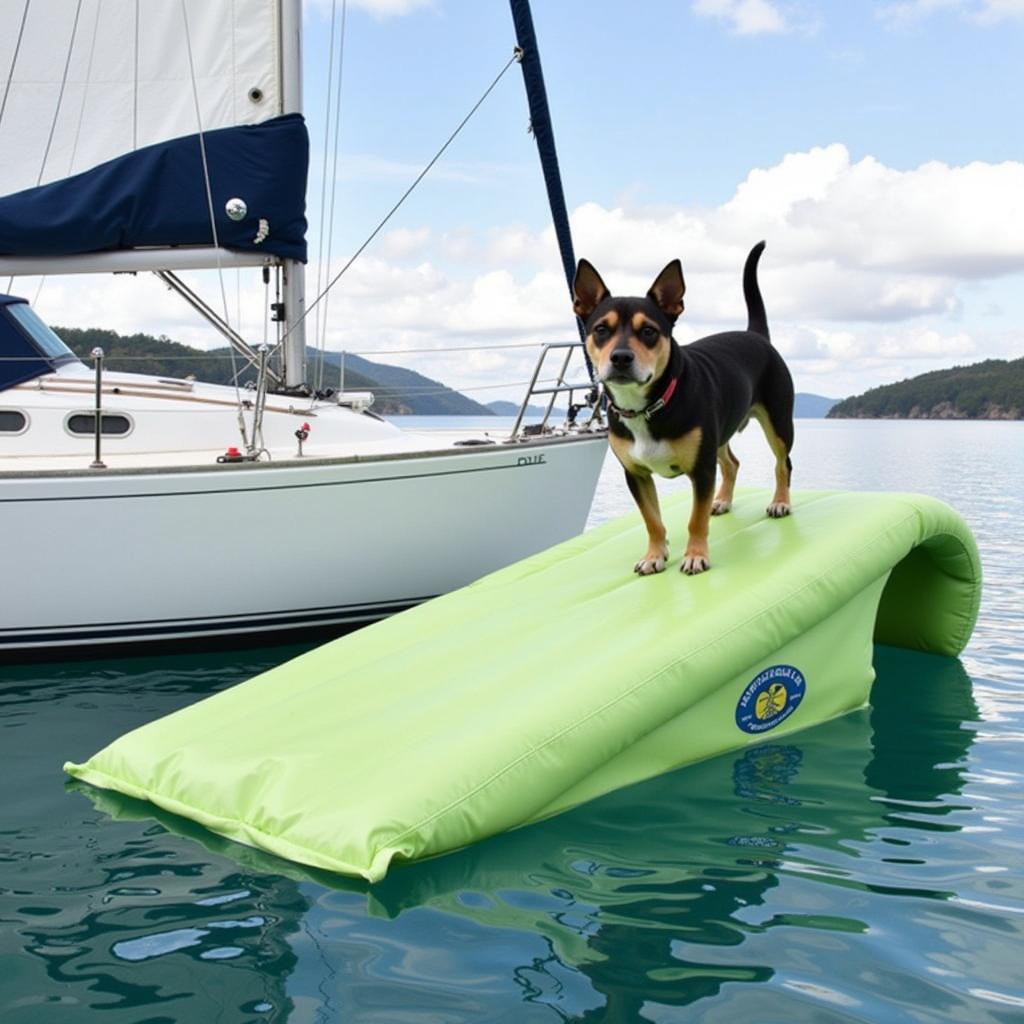 Dog using an inflatable water ramp to board a boat.