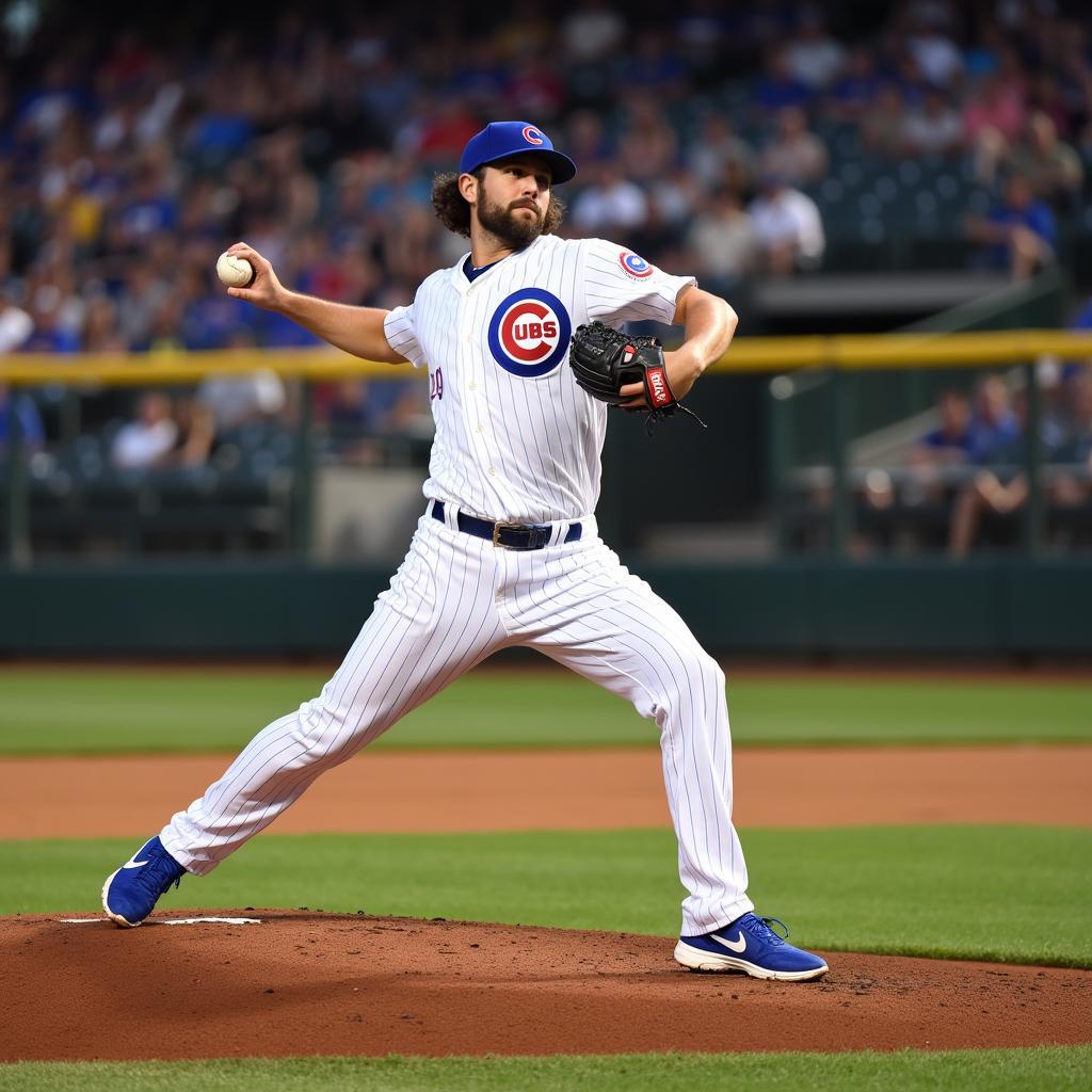 Jake Arrieta pitching in his Cubs jersey