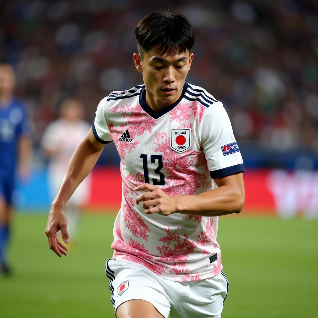 A Japanese national team player in action wearing the blossom jersey