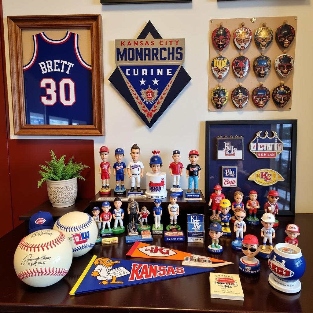 A diverse collection of Kansas sports memorabilia, including jerseys, signed baseballs, and vintage pennants, showcasing the state's rich sports history.