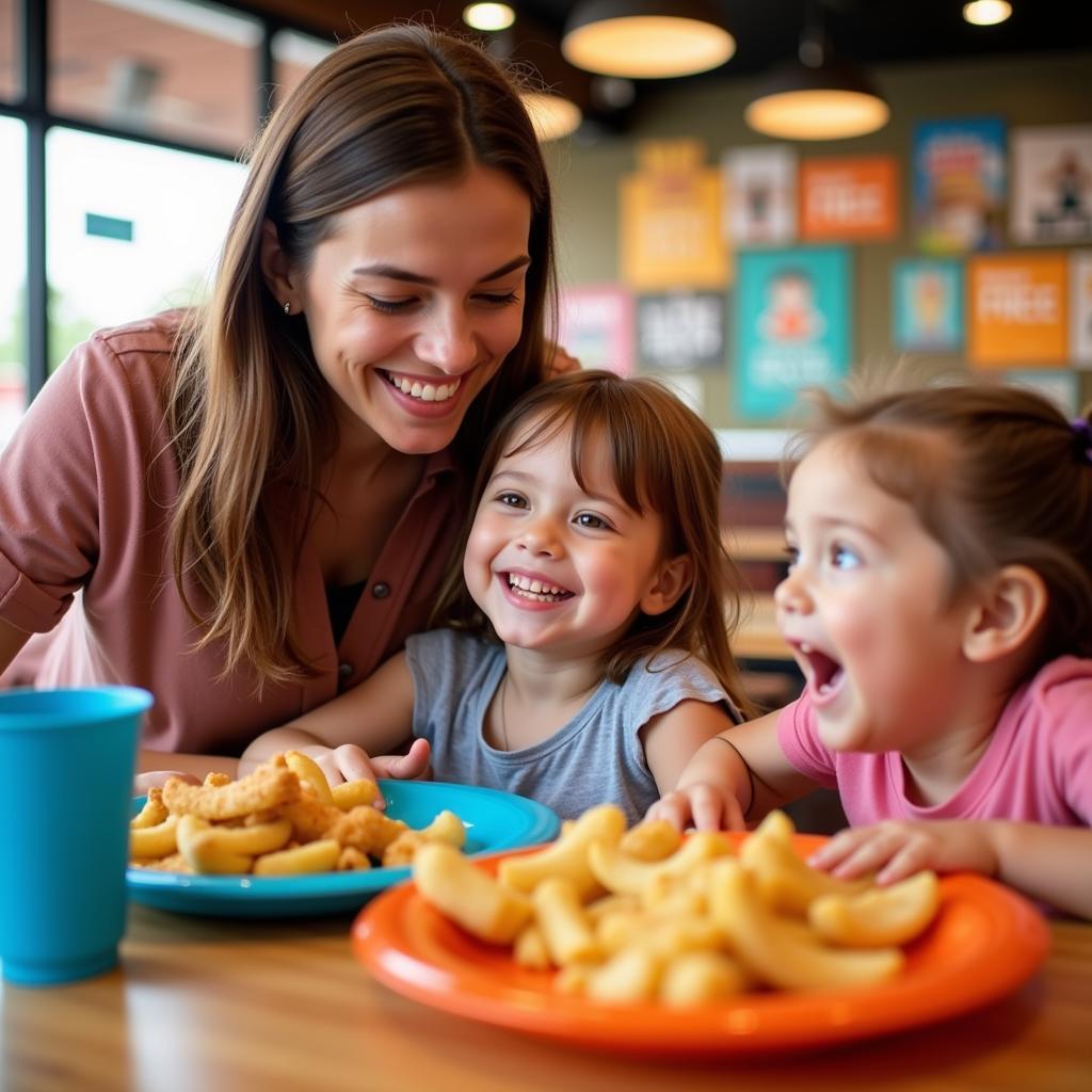 Family enjoying a meal at a kids-eat-free restaurant in Kansas City